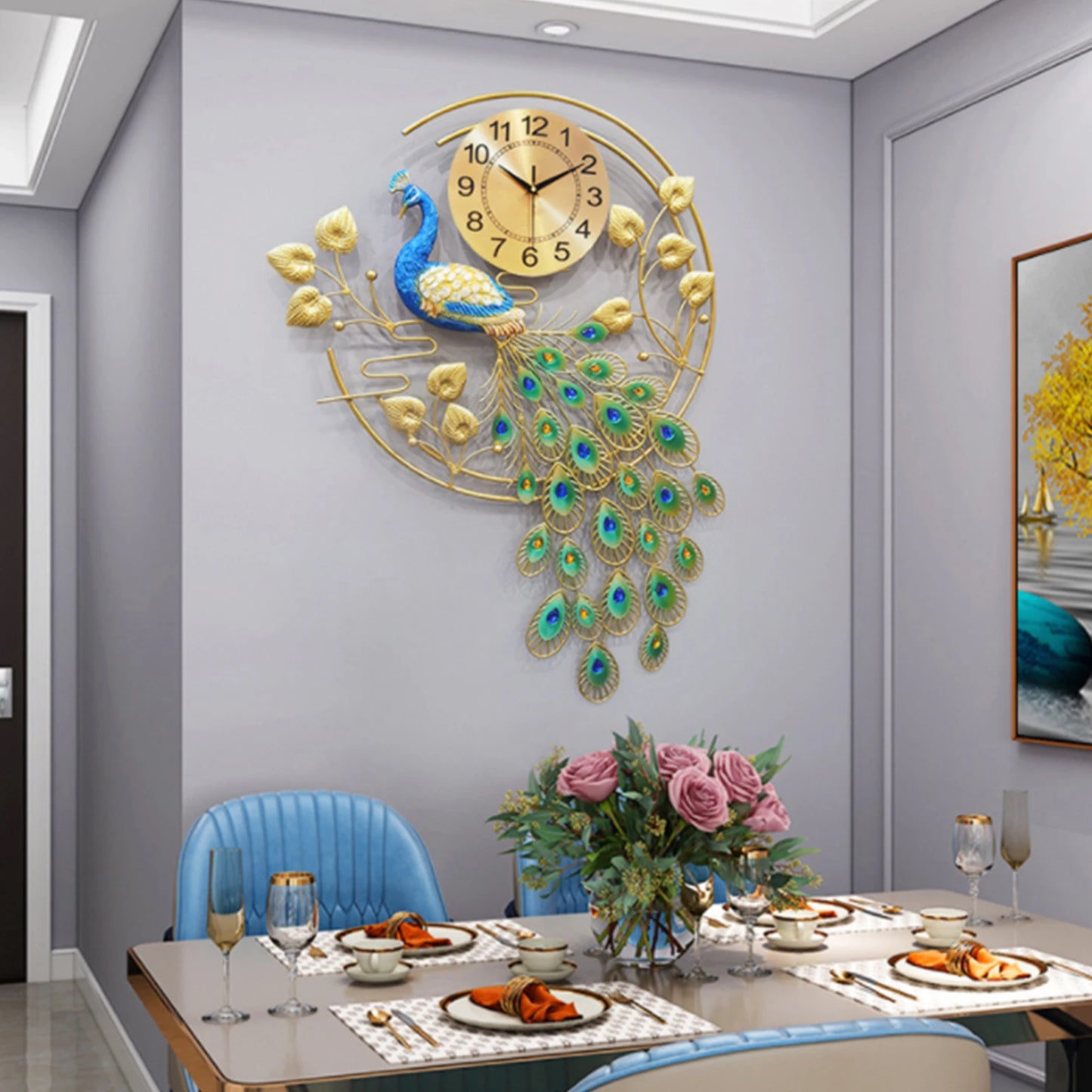 Creative Metal Wall Clock Modern Style Wall Watch Clock Peacock Shaped Wall Clock Silent Clock