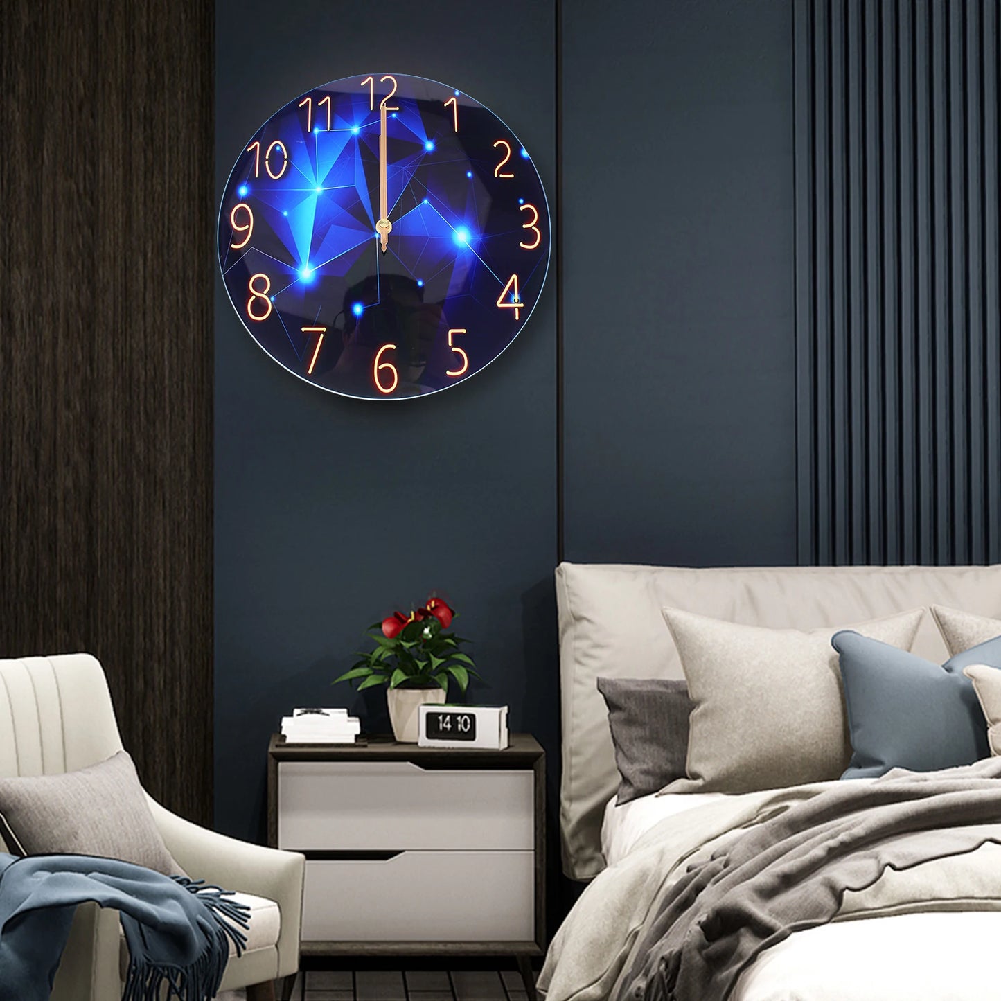 12inch Round Ultra-Thin Tempered Glass Wall Clock, Diamond Large Wall Clock, Blue Round Interior Modern Decorative Silent