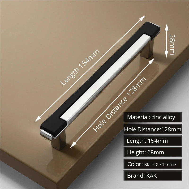 Metal handle with dimensions and specifications on a brown background