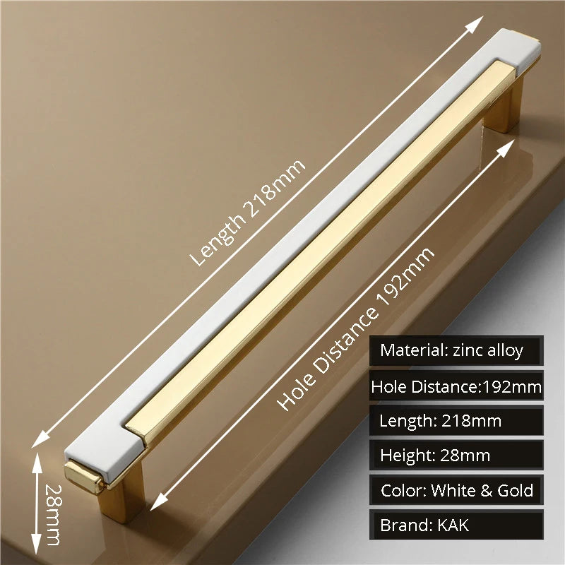Gold and white handle with measurements and product details on a brown background