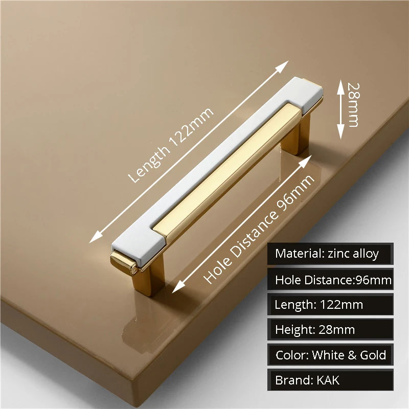 Measurement details of a white and gold cabinet handle on a brown background