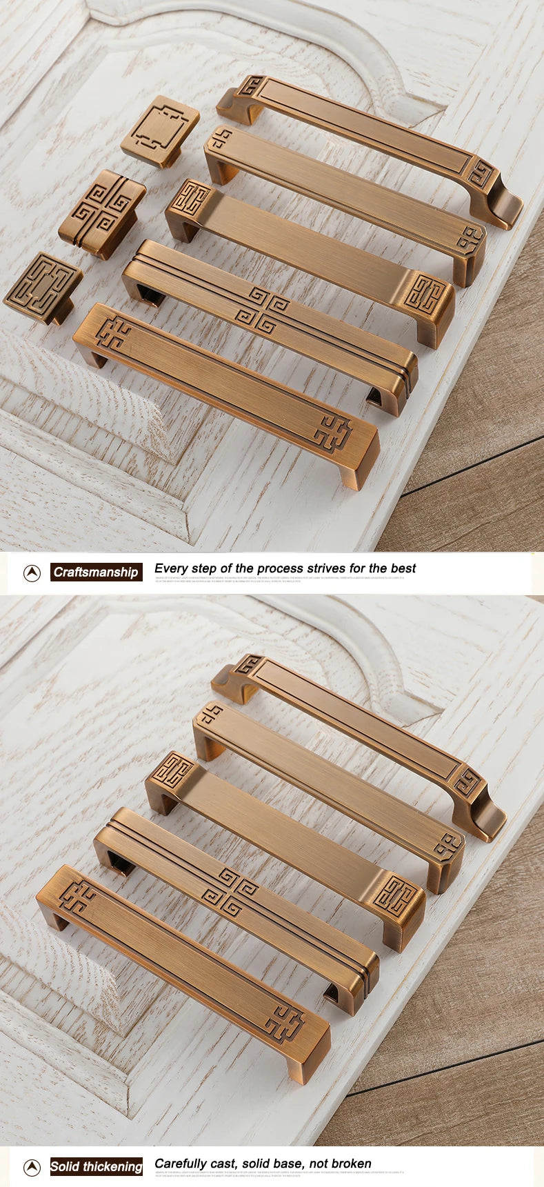 Set of vintage cabinet handles in bronze finish with detailed geometric designs for classic furniture