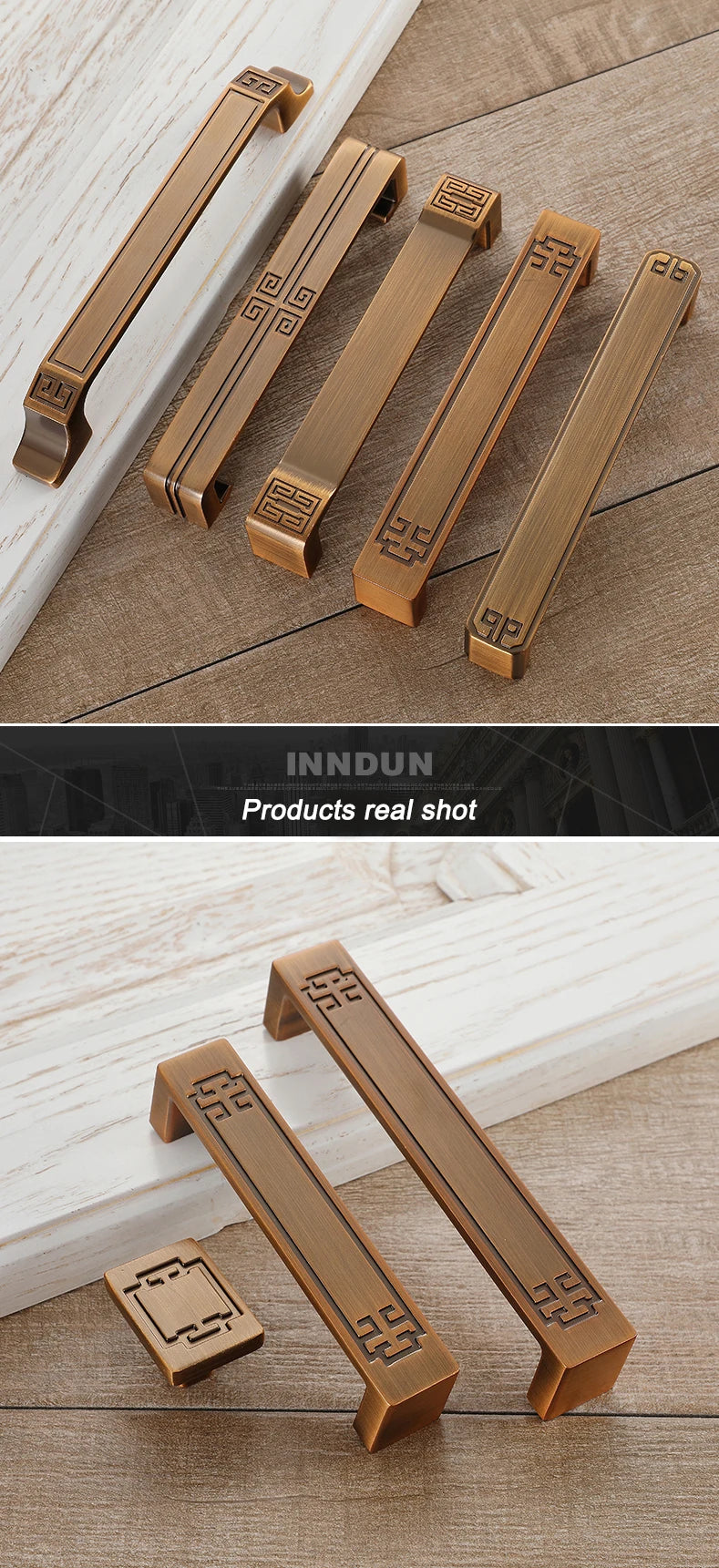 Vintage Cabinet Handles with antique brass finish and geometric patterns for classic furniture