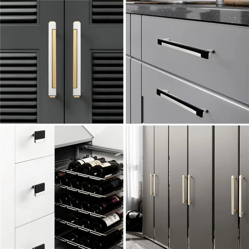 Collage of kitchen cabinets with various handles and a wine rack.