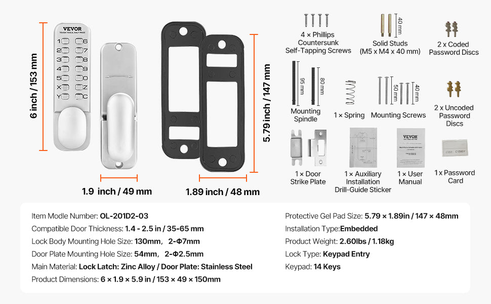 SucceBuy Mechanical Keyless Entry Door Lock 14 Key Mechanical Door Lock Mechanical Keypad Door Knob Single-Side Keyless Lock