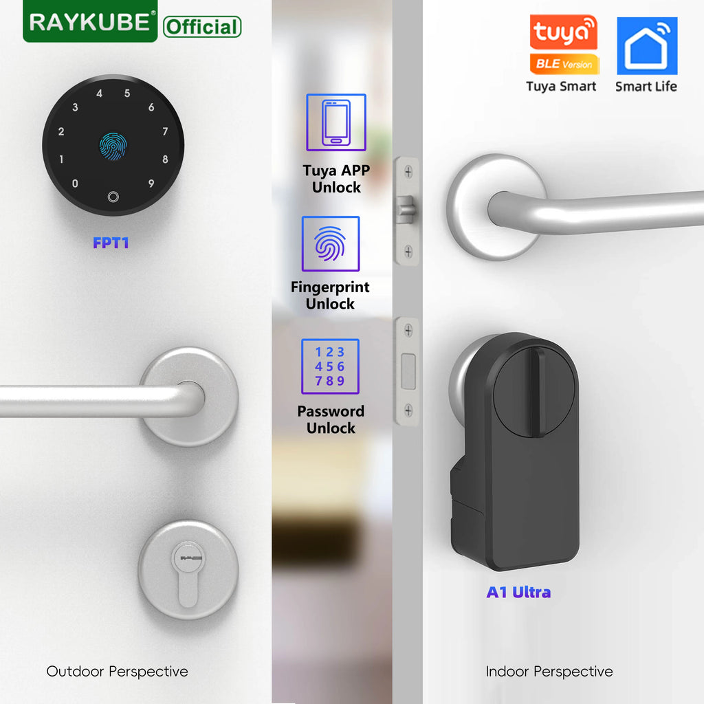 RAYKUBE A1 Ultra Tuya BLE Intelligent Electronic Door Lock with Wireless Fingerprint Keypad, showing indoor and outdoor perspectives with app, fingerprint, and password unlock options.