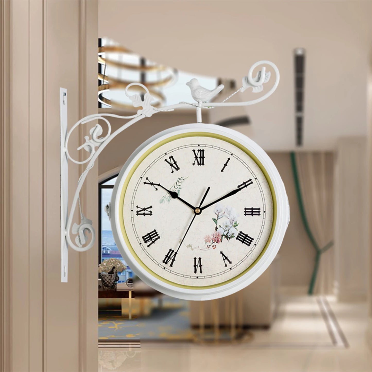 Double Sided Silent Wall Mounted Clock 25cm Diameter 12 Hour Display for Living Room Indoor Outdoor Home Porch Bedroom