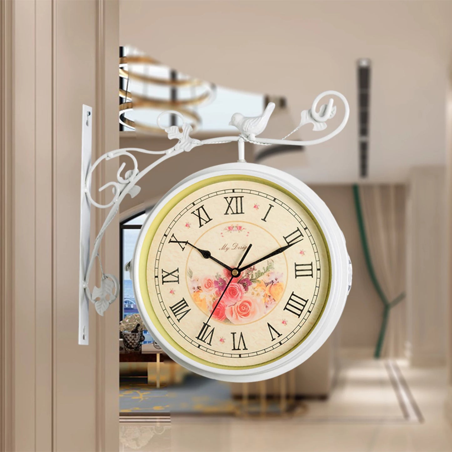 Double Sided Silent Wall Mounted Clock 25cm Diameter 12 Hour Display for Living Room Indoor Outdoor Home Porch Bedroom