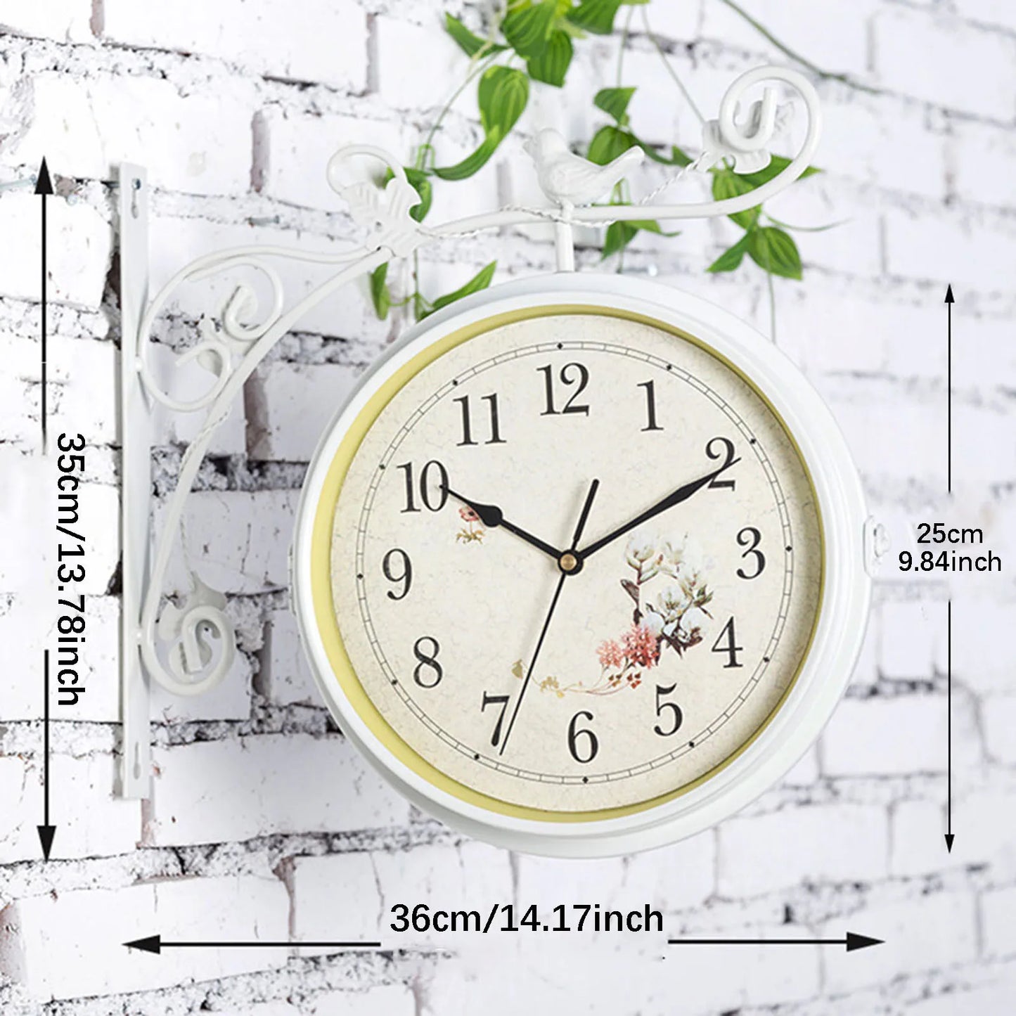 Double Sided Silent Wall Mounted Clock 25cm Diameter 12 Hour Display for Living Room Indoor Outdoor Home Porch Bedroom