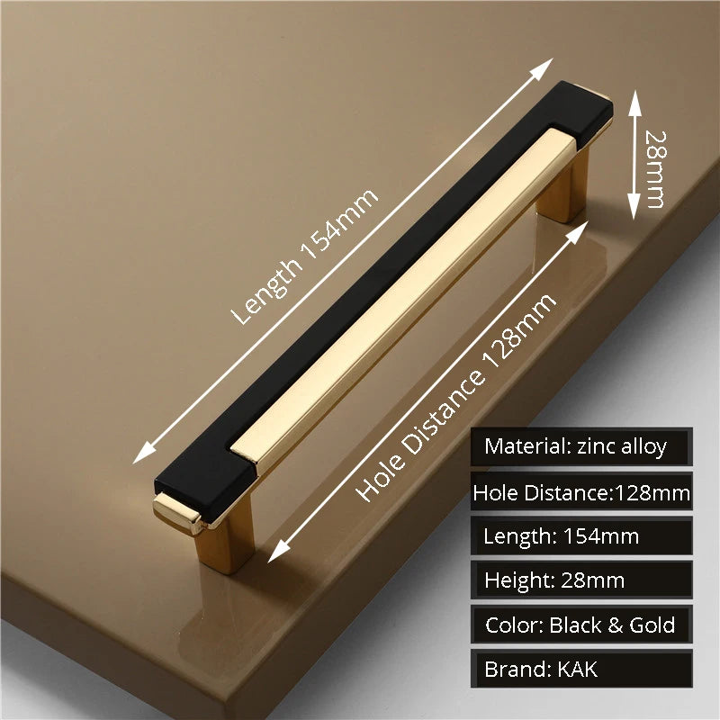 Black and gold cabinet handle with measurements and specifications on a brown background