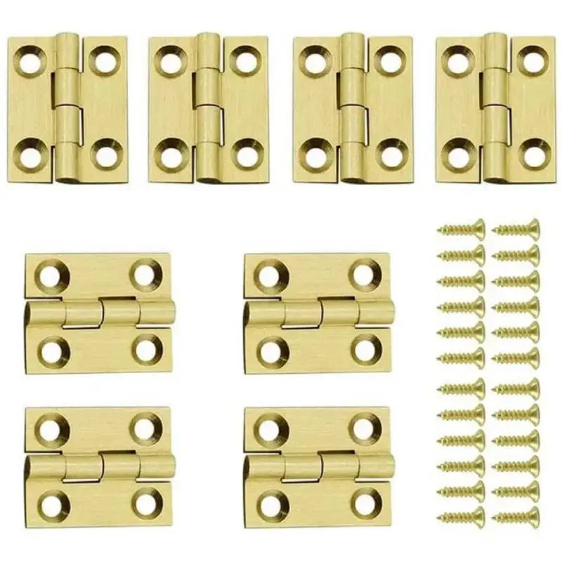 Set of 10 mini brass butt hinges with screws for cabinets or boxes, displayed on a white background.