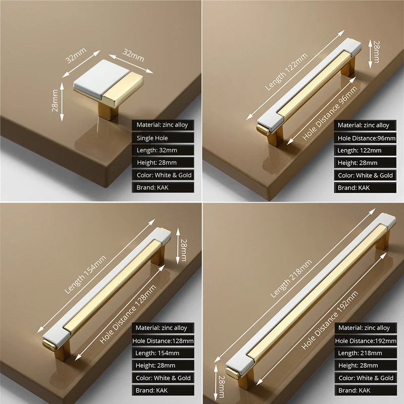 Gold and white cabinet handles with measurements and specifications on a brown background