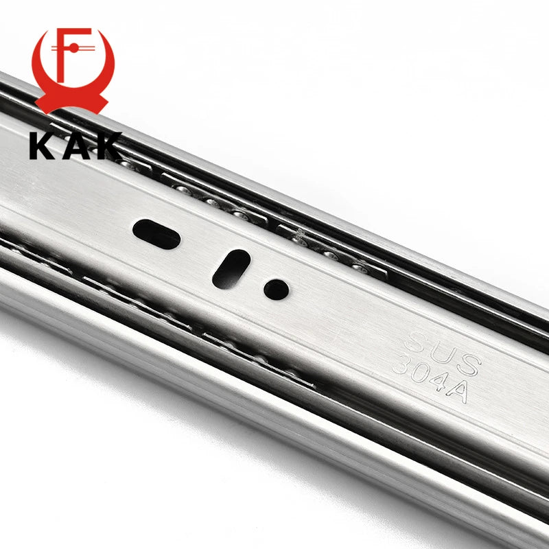 Close-up of a 22 inch stainless steel drawer slide with soft close mechanism, featuring SUS 304A grade steel and visible ball bearings.