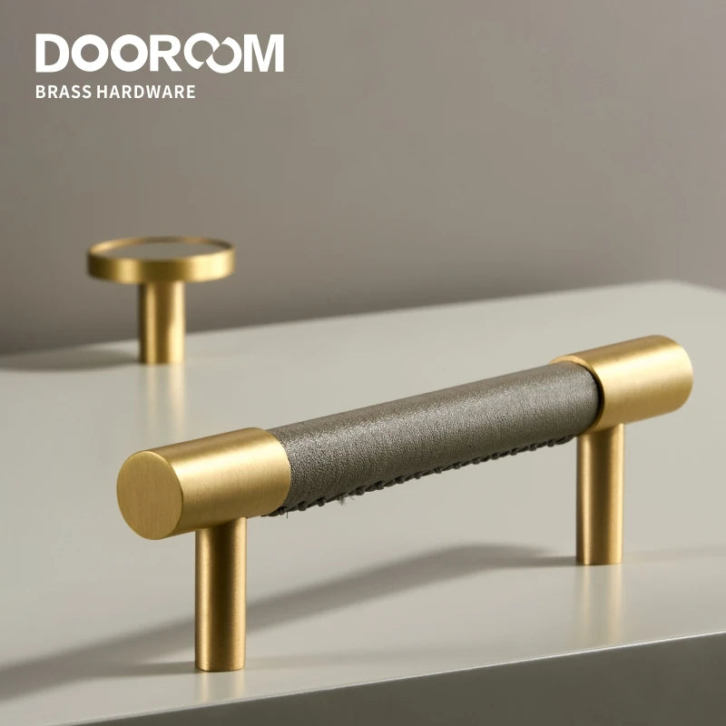 DOOROOM Brass & Real Leather Furniture Handles – Luxury Gray Drawer Pulls for Cabinets, Dressers & Wardrobes