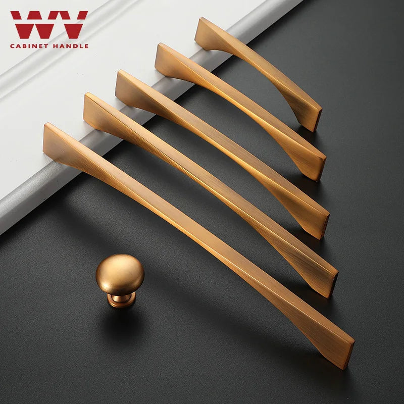 Antique brass dresser and cabinet handles with a sleek design, including five elongated pulls and one round knob, displayed on a dark background.