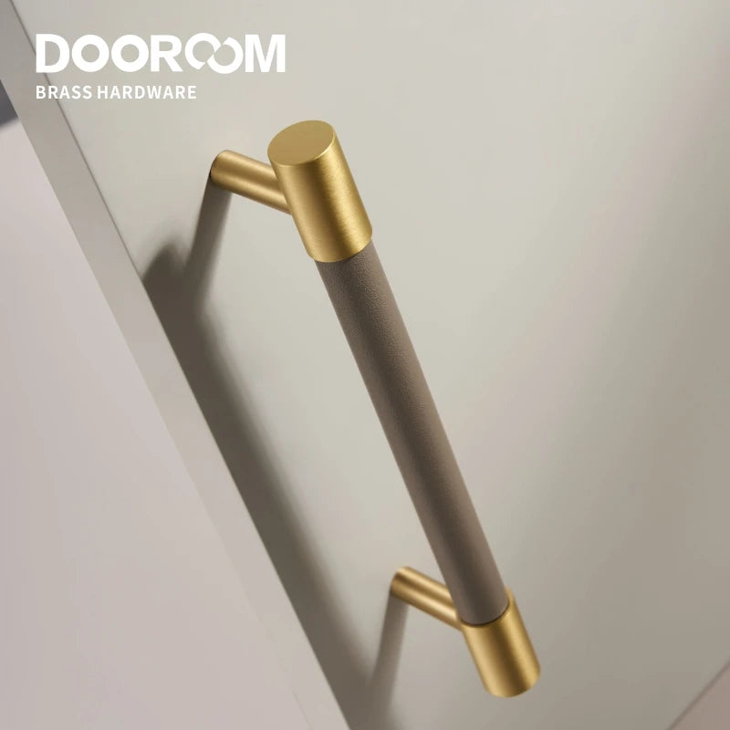 DOOROOM Brass & Real Leather Furniture Handles – Luxury Gray Drawer Pulls for Cabinets, Dressers & Wardrobes
