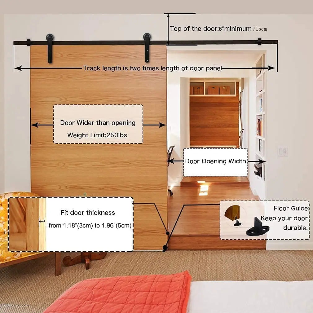 WOLFBIRD Heavy Duty Barn Sliding Door Hardware Kit Suitable for Single Wooden Door 4FT-10FT Slides Rail System + Floor Guide