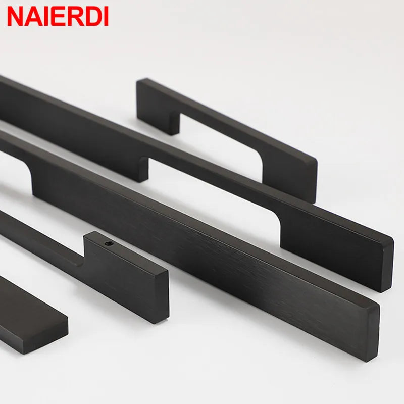 NAIERDI matte black cabinet door handles, available in 800mm and 1000mm lengths, displayed on a white background.