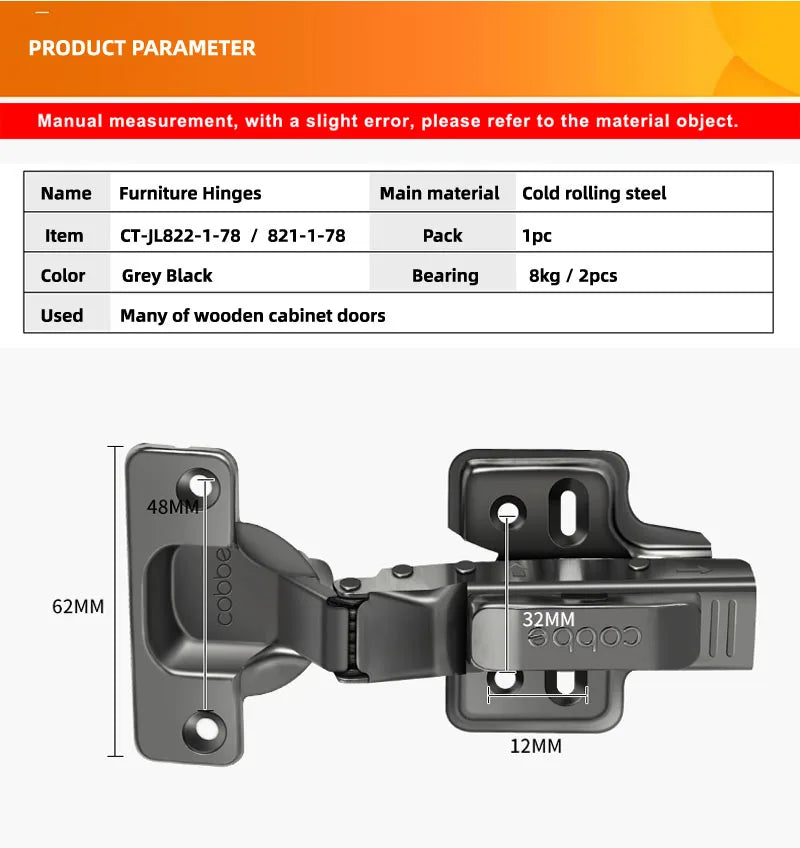 1pc Cold Rolling Steel Furniture Hinge Black-Grey Door Hydraulic Hinges Damper Buffer Soft Close For Cabinet Hardware