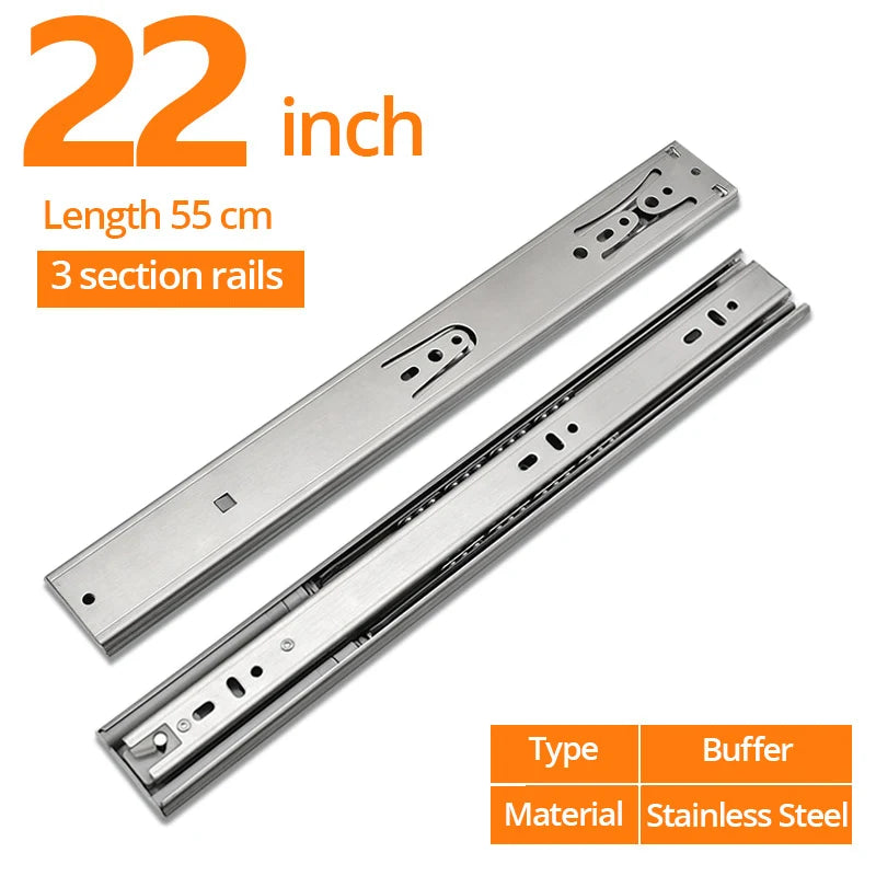 KAK 10" - 22" Stainless Steel Drawer Slides Soft Close Drawer Track Three-Section Drawer Rails Cabinet Roller Furniture Hardware
