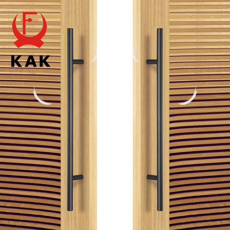 KAK 24-inch stainless steel T-bar kitchen door handles on a wooden cabinet with striped pattern.