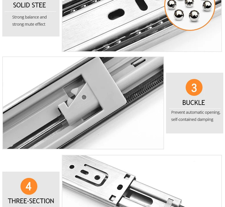 KAK 10" - 22" Stainless Steel Drawer Slides Soft Close Drawer Track Three-Section Drawer Rails Cabinet Roller Furniture Hardware