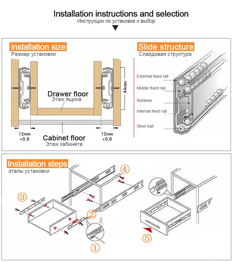 KAK 10" - 22" Stainless Steel Drawer Slides Soft Close Drawer Track Three-Section Drawer Rails Cabinet Roller Furniture Hardware