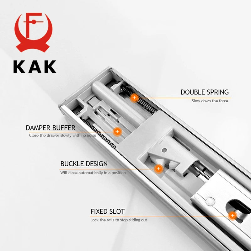 KAK 22-inch stainless steel drawer slide with soft close, featuring damper buffer, double spring, buckle design, and fixed slot.