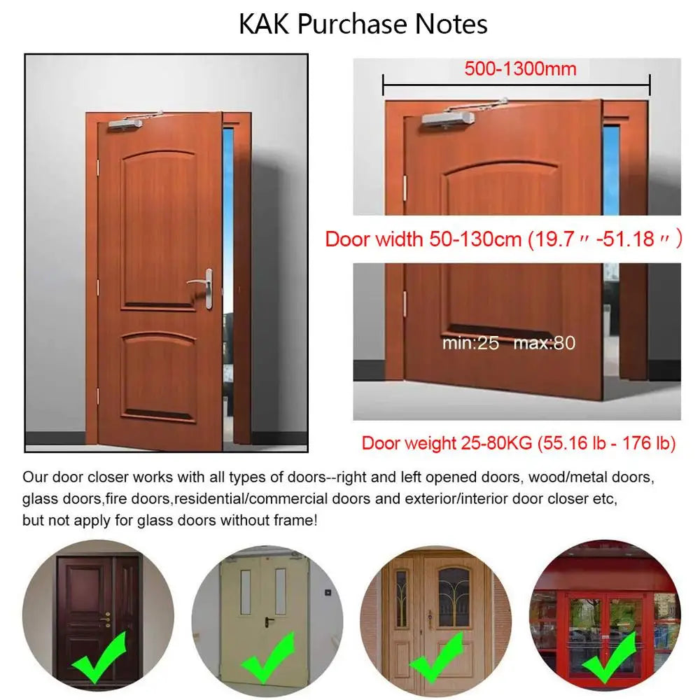 KAK Automatic Door Closer with hydraulic buffer and adjustable speed, suitable for doors 25-80KG and widths 50-130cm.