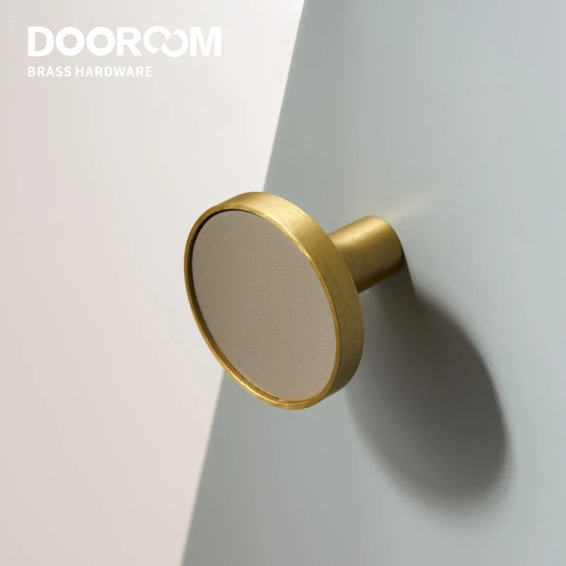 DOOROOM Brass & Real Leather Furniture Handles – Luxury Gray Drawer Pulls for Cabinets, Dressers & Wardrobes
