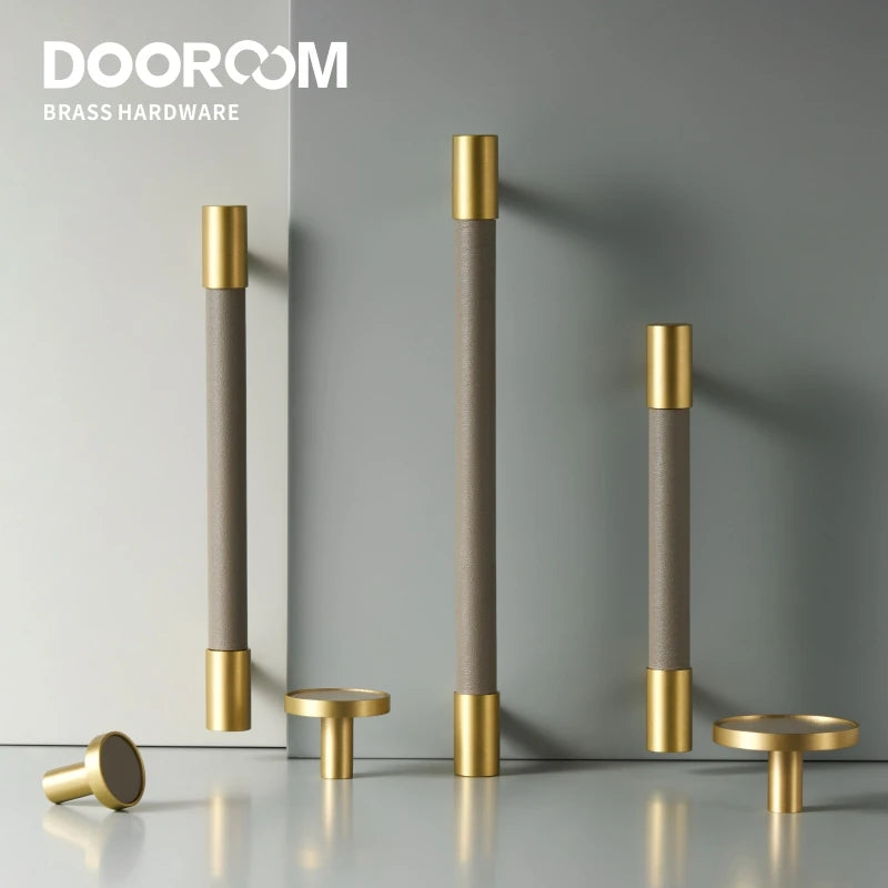 DOOROOM Brass & Real Leather Furniture Handles – Luxury Gray Drawer Pulls for Cabinets, Dressers & Wardrobes