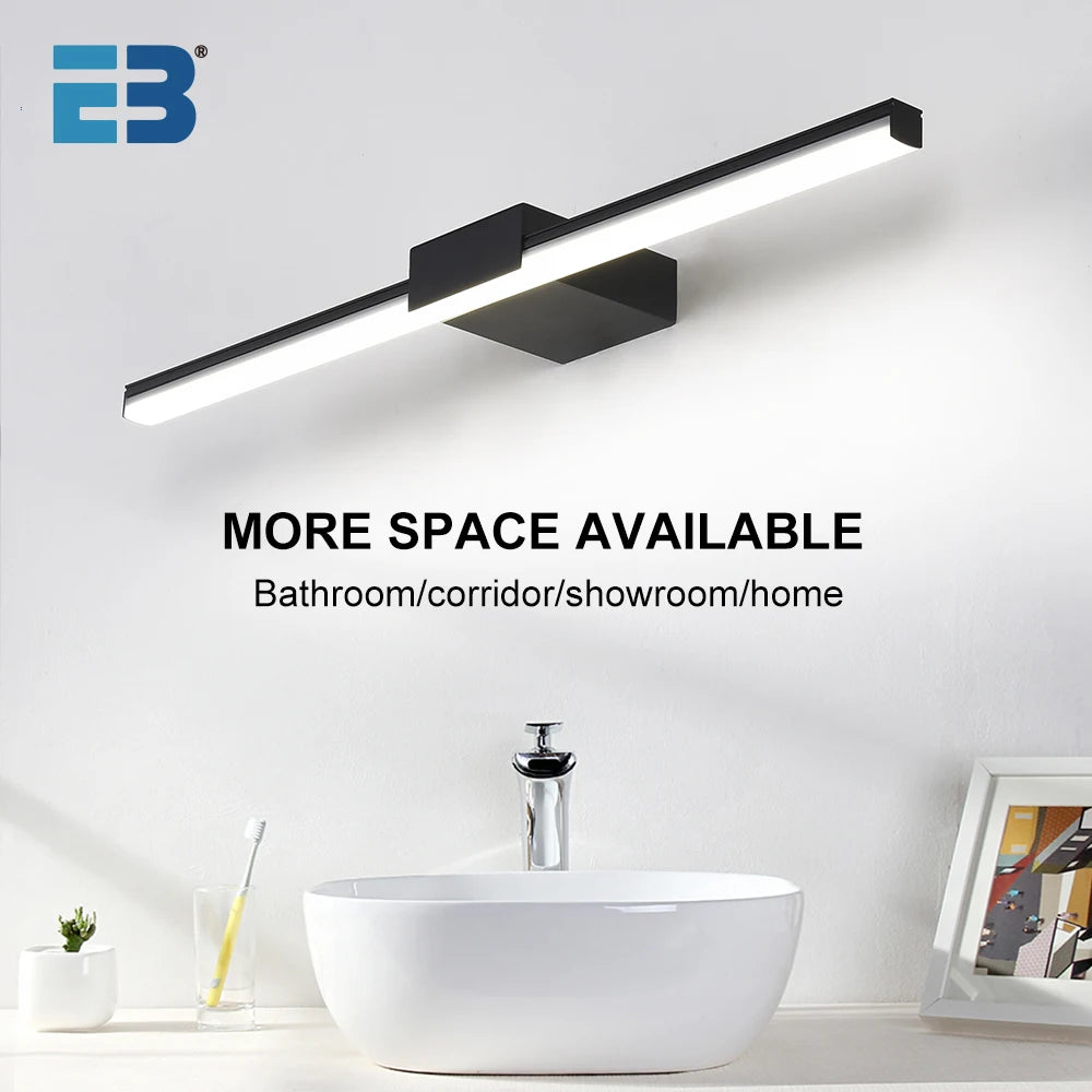 Modern LED bathroom vanity light with black finish mounted above a white sink, suitable for various spaces.
