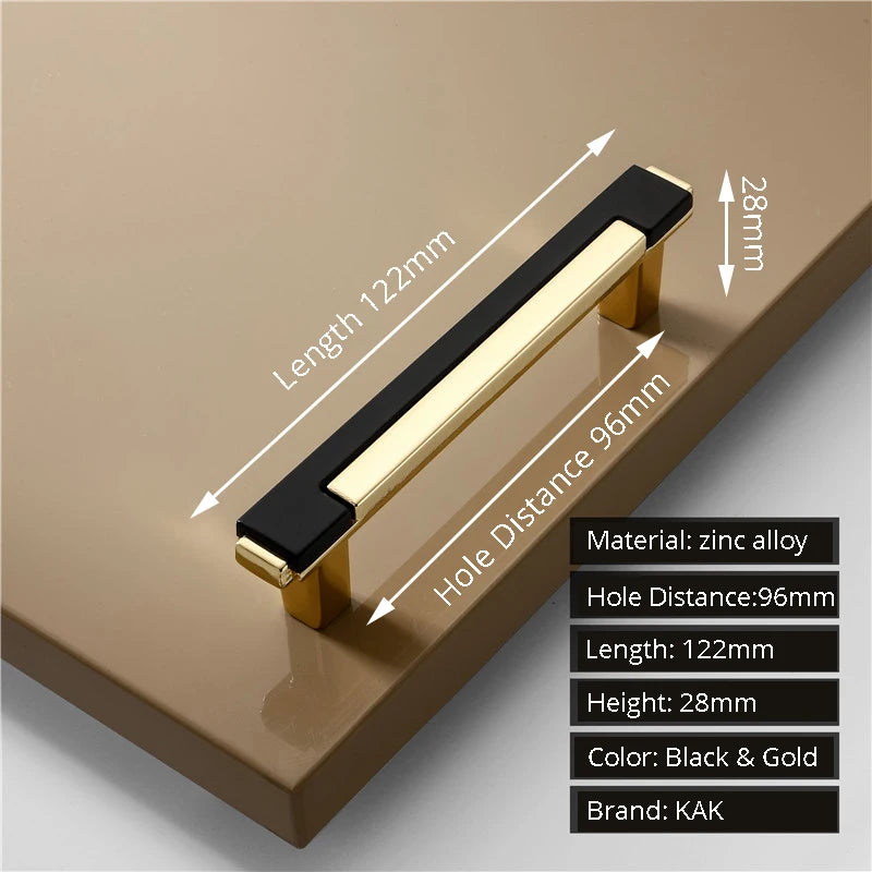 Black and gold cabinet handle with measurements on a brown background