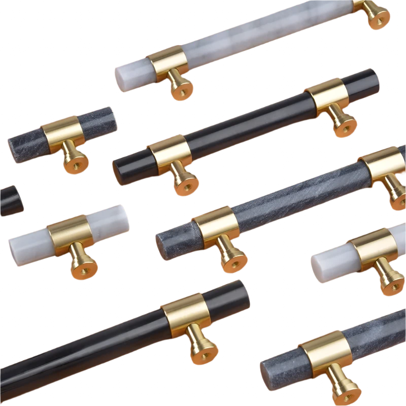 Luxury natural marble and solid brass cabinet pulls in black, white, and gray with gold accents, ideal for kitchen, drawer, or wardrobe.