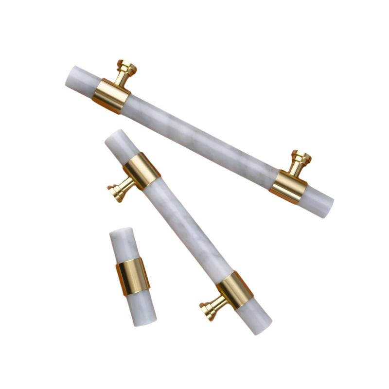 Luxury gold handles made of natural marble and solid brass for kitchen, drawer, or wardrobe.