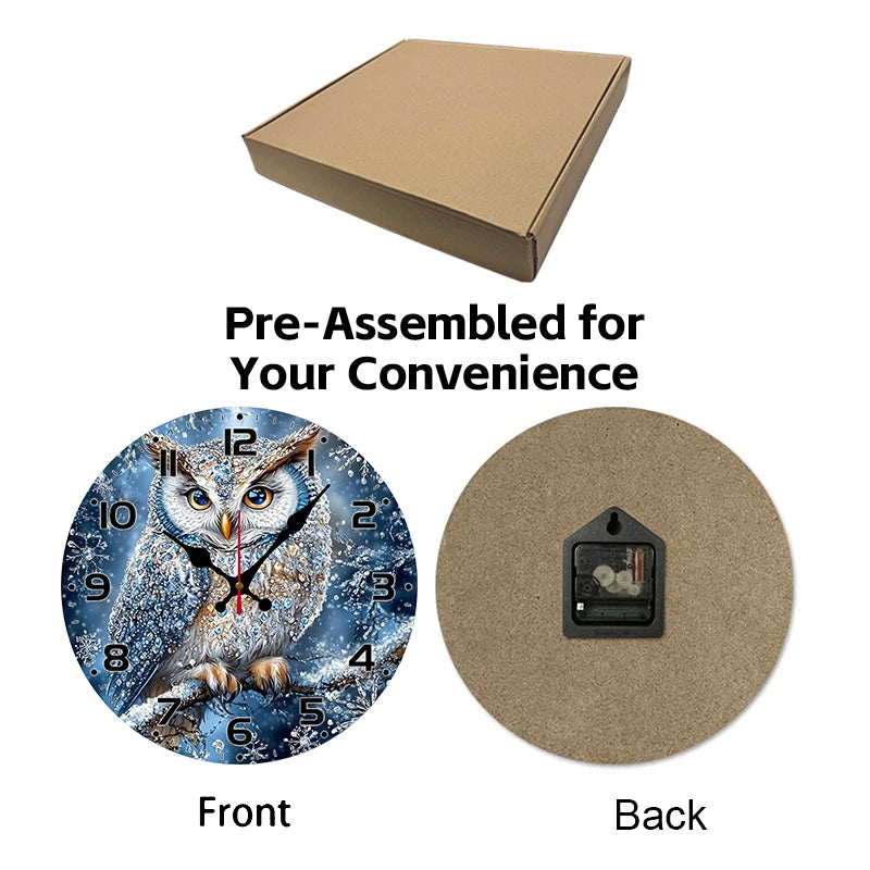 Snowy Owl Wooden Round Silent Hanging Wall Clock, Suitable For Living Room, Office, Study Room, Bedroom, Home Decoration