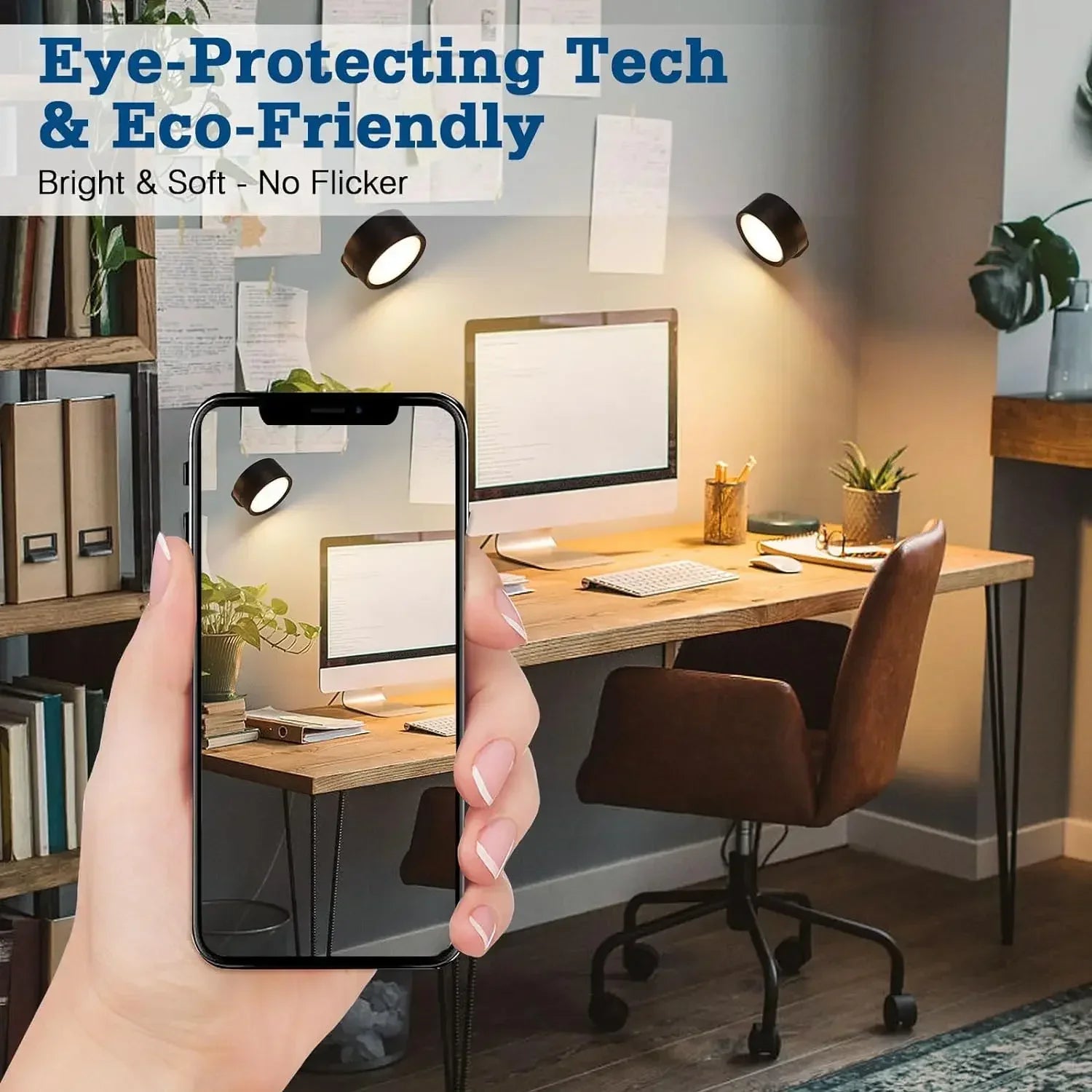LED wall sconces in a home office setting, featuring 3 brightness levels and color modes, battery-operated and 360° rotatable with touch control.