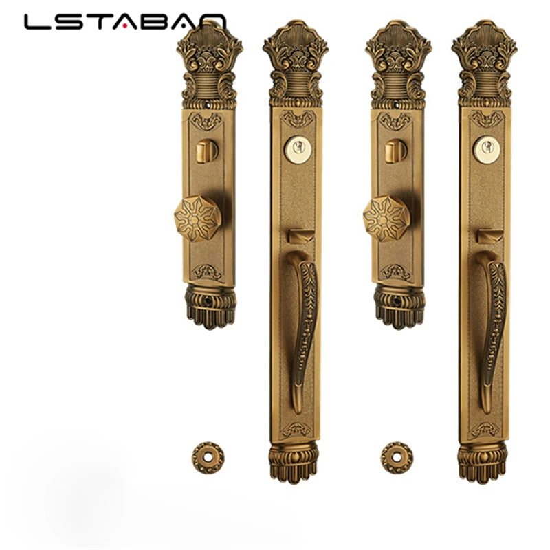 Luxury European Solid wood Villa Interior Door Lock Gate Outdoor Double Open Yellow Bronze Wooden Door Lock