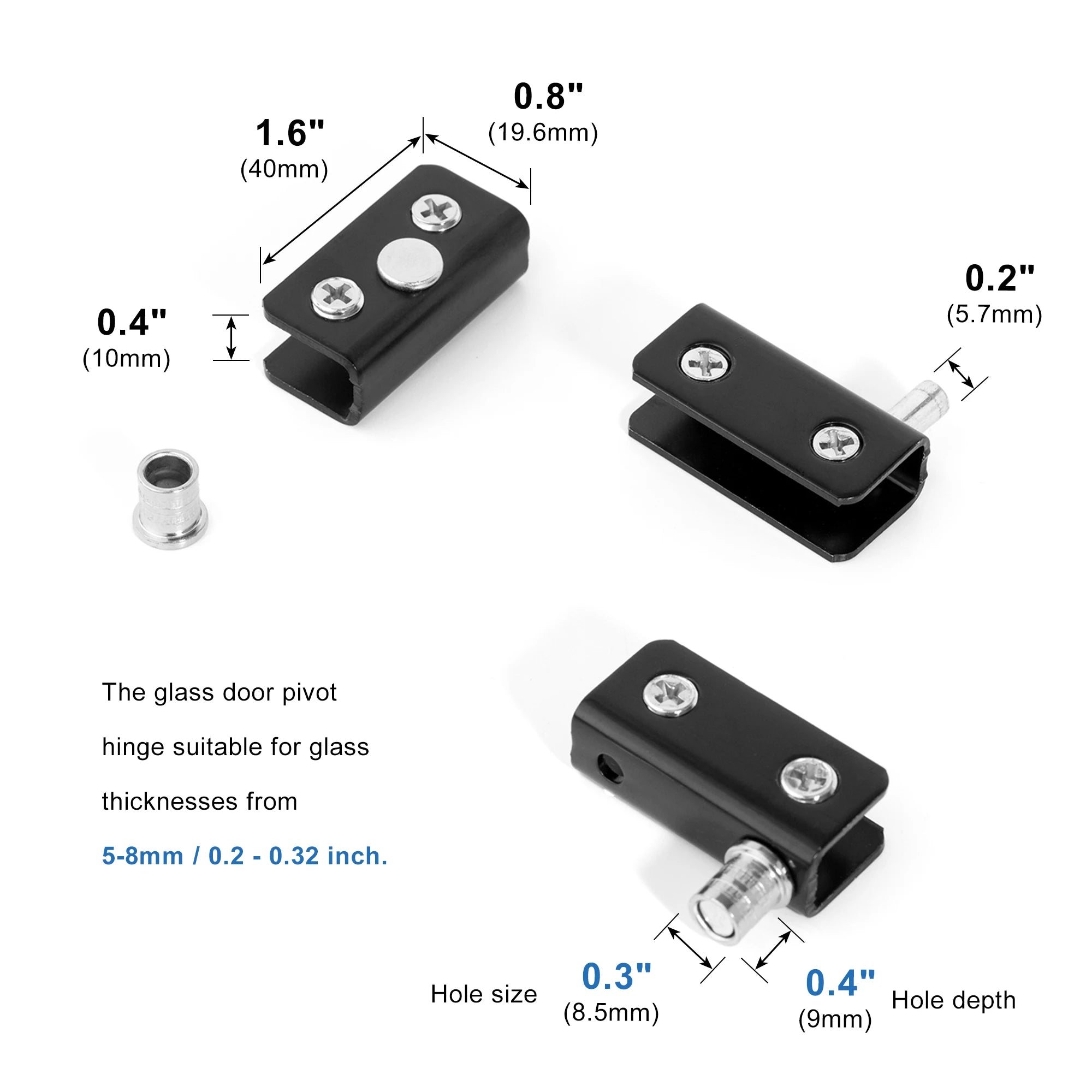 Stainless Steel Glass Door Pivot Hinge Set with Magnetic Catch Furniture Metal Black Rotating Hinge for Kitchen Cabinet Cupboard