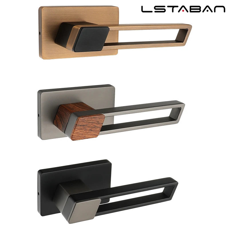 Zinc alloy silent door locks in gold, wood-textured, and black finishes with modern geometric design.