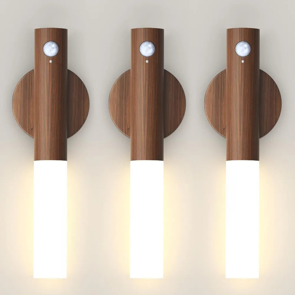 Rechargeable wooden wall sconces with motion sensors and LED lights, perfect for bedrooms and staircases.