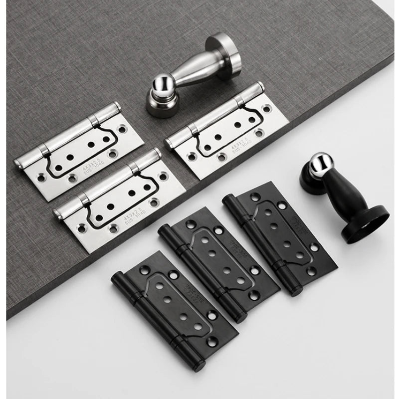 Premium stainless steel door hinge set with silent, no groove design, includes silver and black options with matching door stoppers.