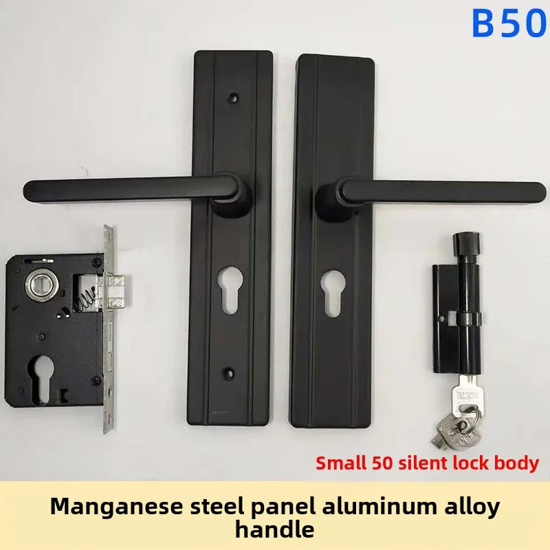Complete Door Lock Set for Indoor Bedroom, Black Bathroom Solid Wood Handle Silent Home Door Lock, Includes Lock Body and Core
