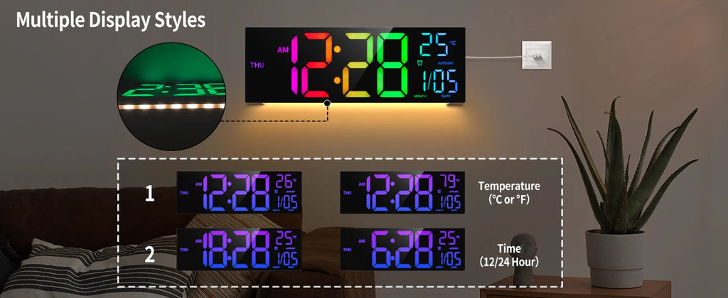 16" B Large Digital Wall Clock, Big LED Display with Remote, 8 RGB Color, Alarm, DST, Temperature for Living Room, Office