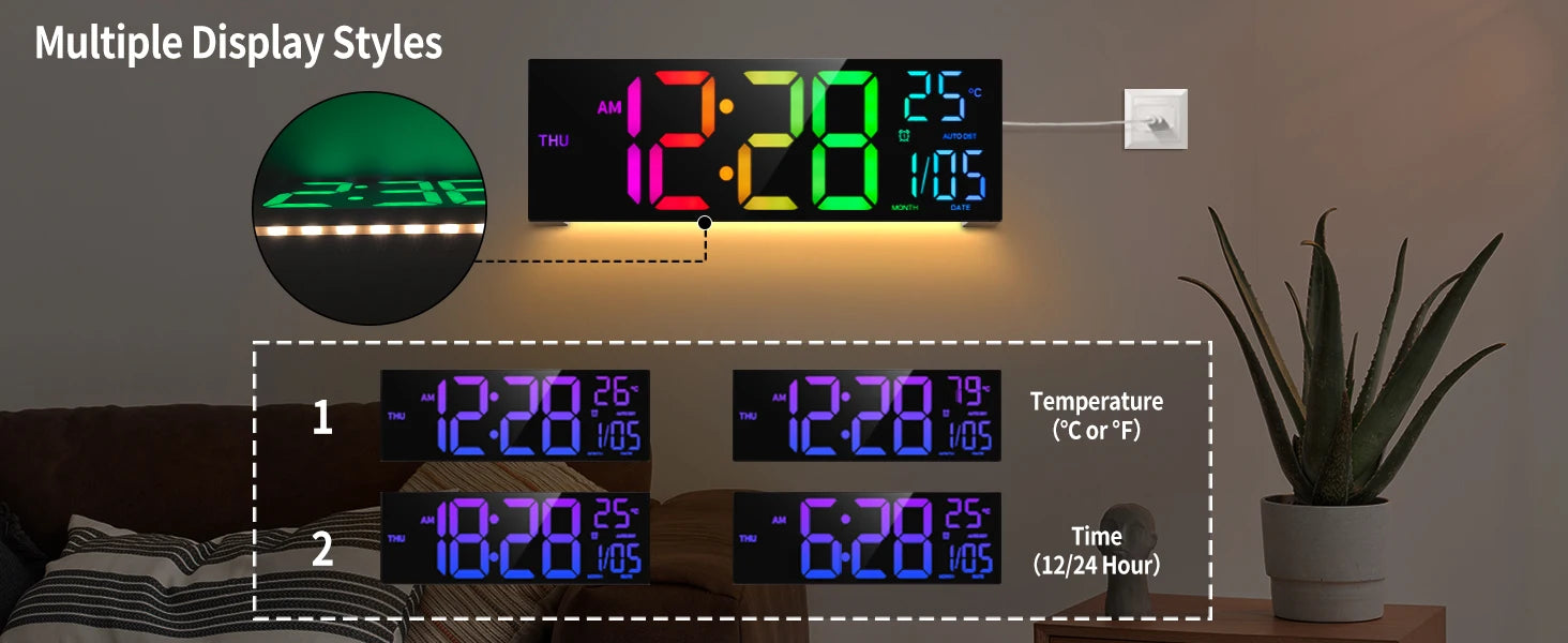 16" B Large Digital Wall Clock, Big LED Display with Remote, 8 RGB Color, Alarm, DST, Temperature for Living Room, Office