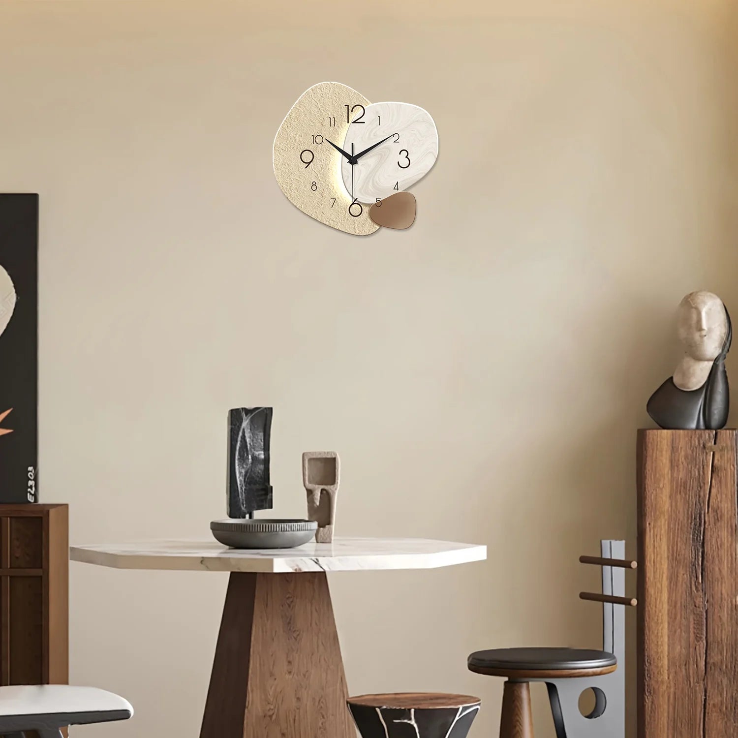 Modern simple wall clock with silent quartz movement in a stylish living room setting, featuring a unique dual-tone design and stylized numbers.