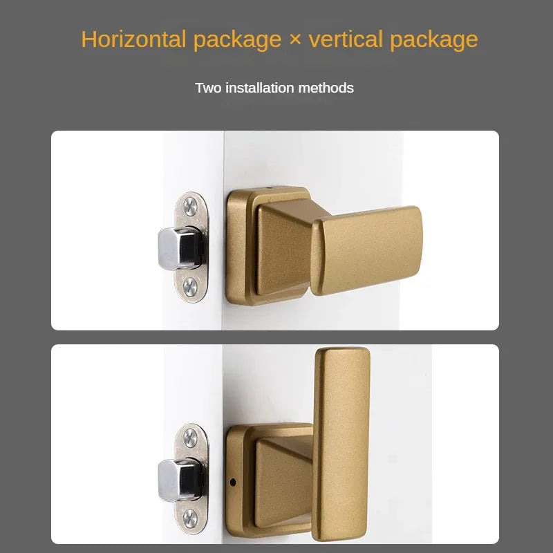 Invisible gold door handle with anti-backlock feature, shown in horizontal and vertical installations on a white door.