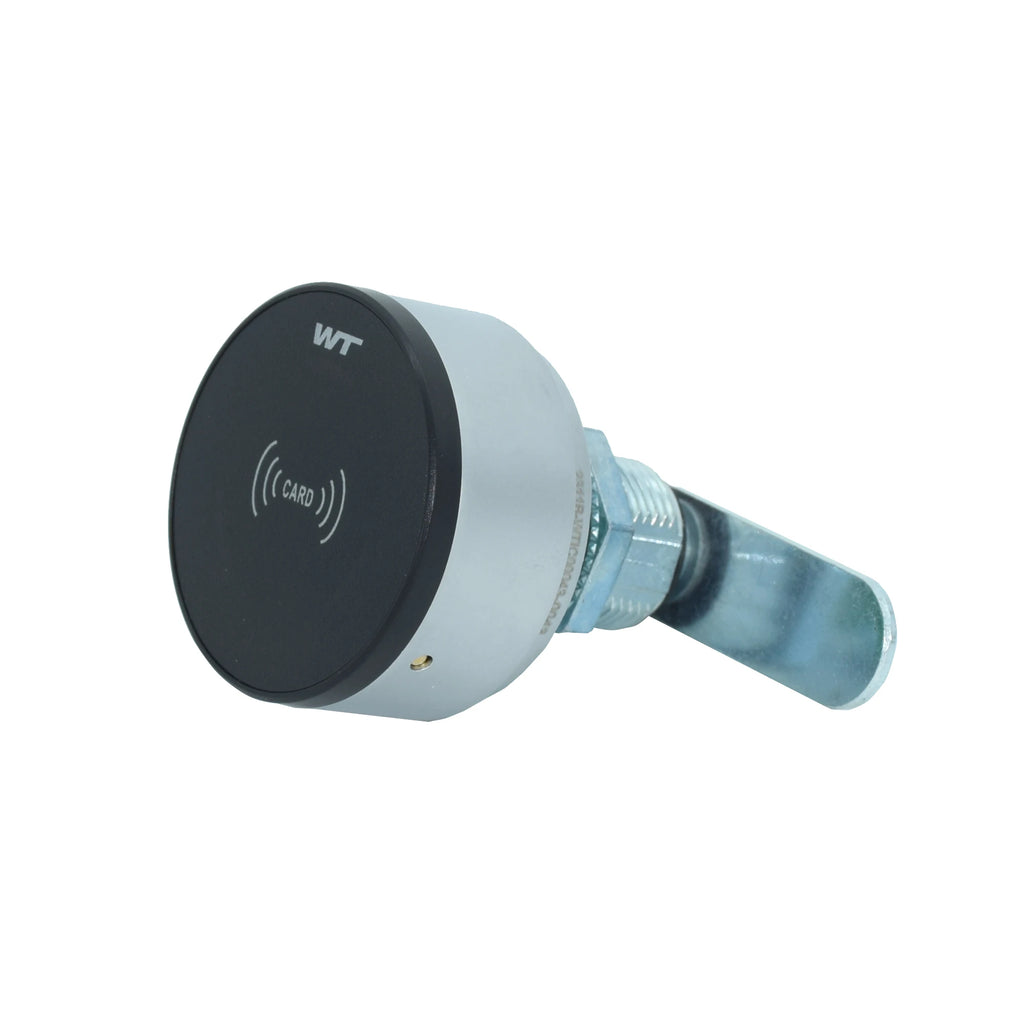Smart Mini 13.56MHz RFID IC Card Sensing Cabinet Drawer Lock with WT logo and metallic design.