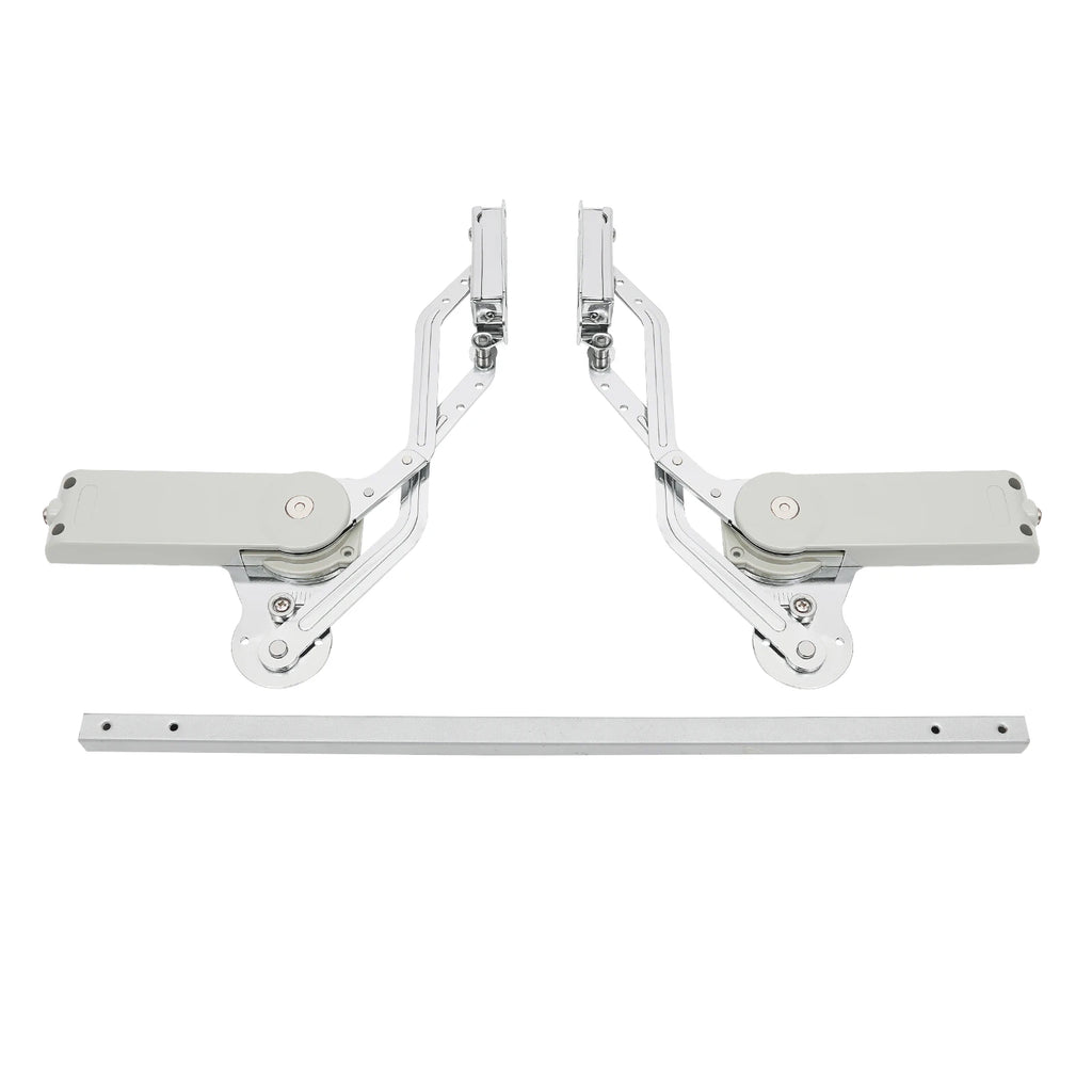 Hydraulic buffer cabinet hinges with dual-arm design and pre-drilled holes against a white background.