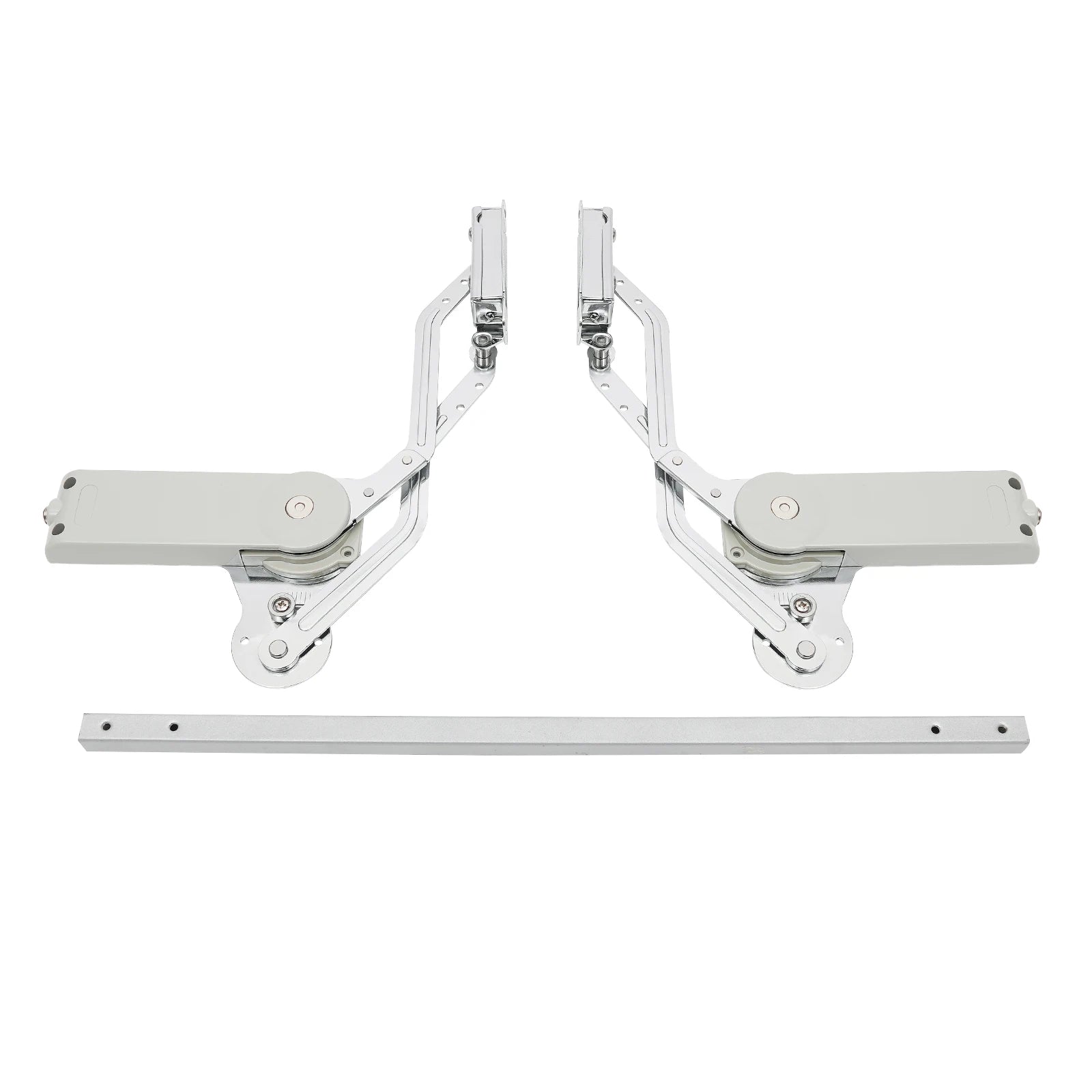 Hydraulic buffer cabinet hinges with dual-arm design and pre-drilled holes against a white background.